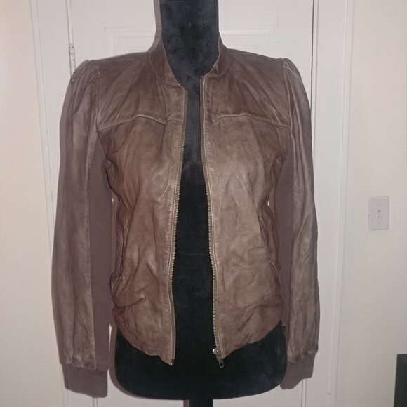 Hinge: Brown Genuine Leather Jacket With Knit Trim - Women's Size Small - Picture 2 of 15